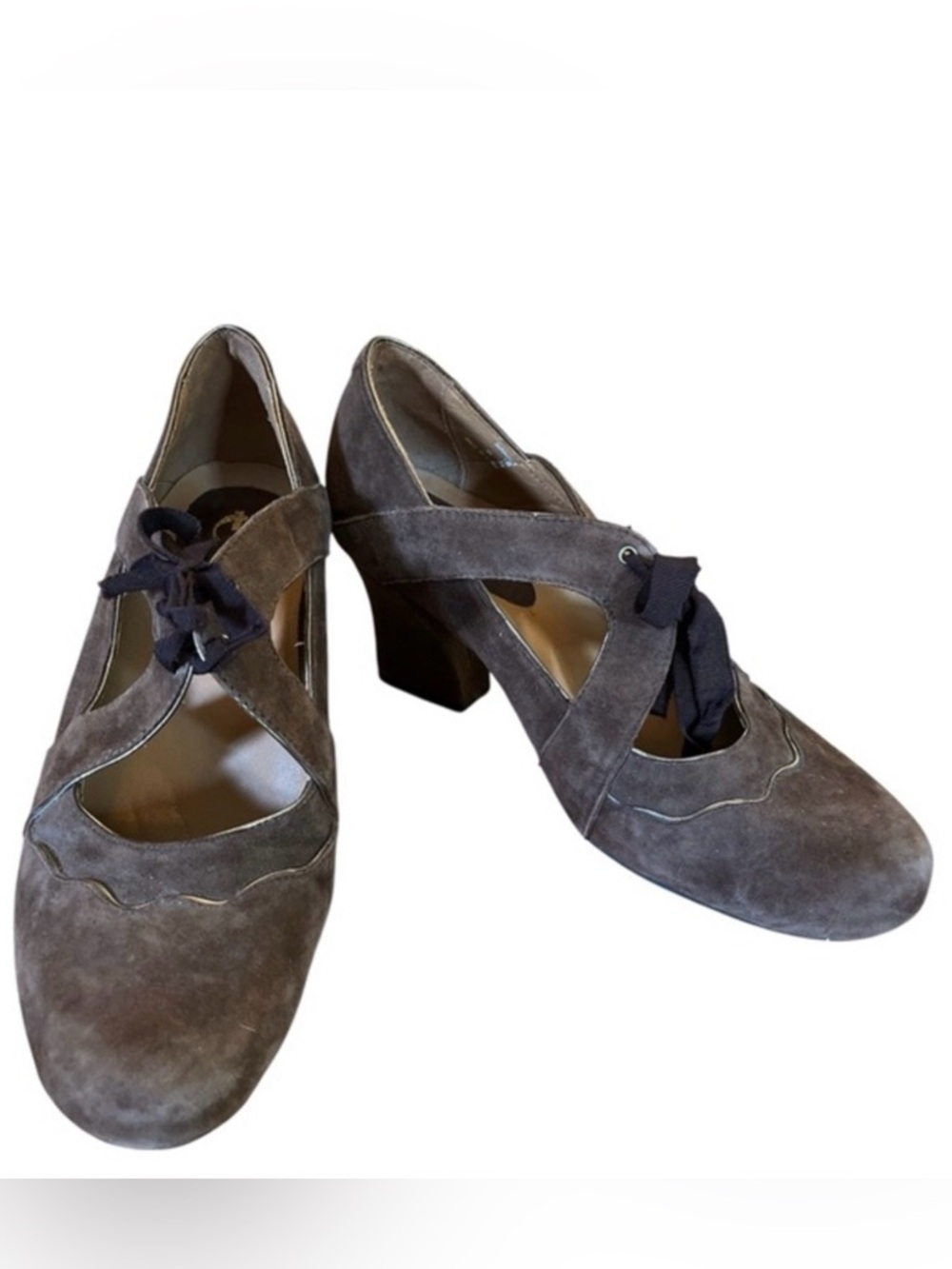 Earthies Sarzen Brown Suede Shoes w/Gold detail & ribbon lace up Size 9B